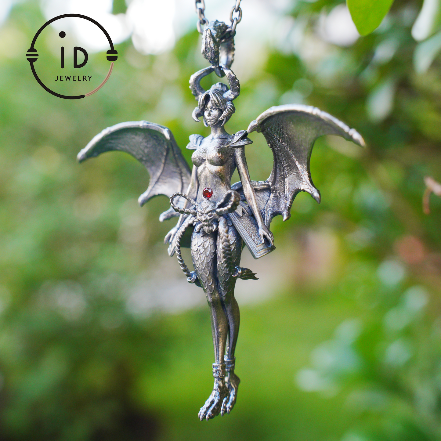 Gothic Garnet Demon Goddess Pendant Necklace – 925 Silver Fallen Angel Amulet – Dark Aesthetic Occult Jewelry for Witches & Cosplay