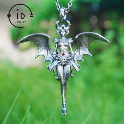 Gothic Garnet Demon Goddess Pendant Necklace – 925 Silver Fallen Angel Amulet – Dark Aesthetic Occult Jewelry for Witches & Cosplay