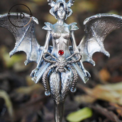 Gothic Garnet Demon Goddess Pendant Necklace – 925 Silver Fallen Angel Amulet – Dark Aesthetic Occult Jewelry for Witches & Cosplay