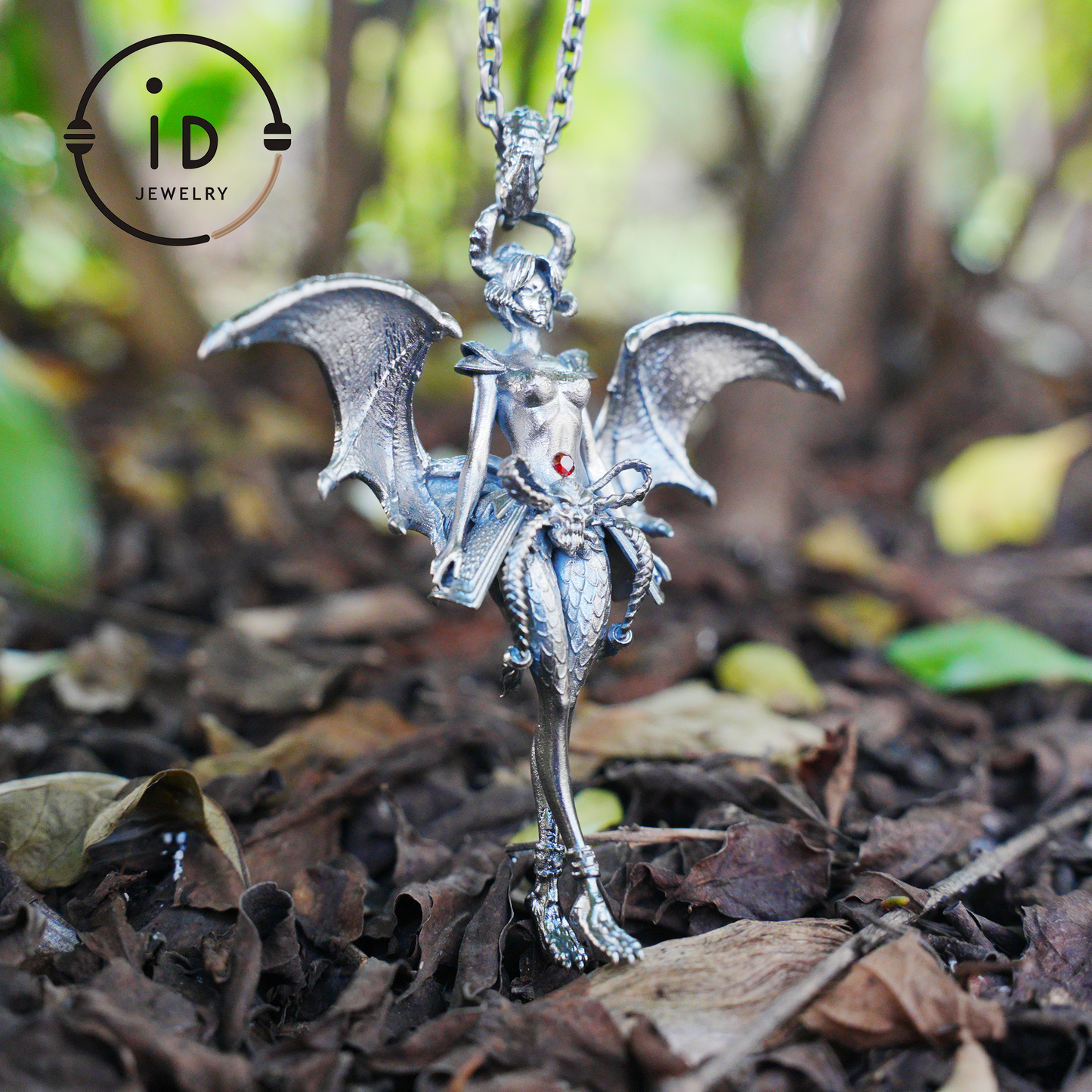 Gothic Garnet Demon Goddess Pendant Necklace – 925 Silver Fallen Angel Amulet – Dark Aesthetic Occult Jewelry for Witches & Cosplay