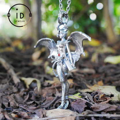 Gothic Garnet Demon Goddess Pendant Necklace – 925 Silver Fallen Angel Amulet – Dark Aesthetic Occult Jewelry for Witches & Cosplay