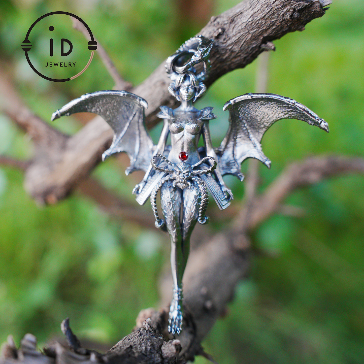Gothic Garnet Demon Goddess Pendant Necklace – 925 Silver Fallen Angel Amulet – Dark Aesthetic Occult Jewelry for Witches & Cosplay