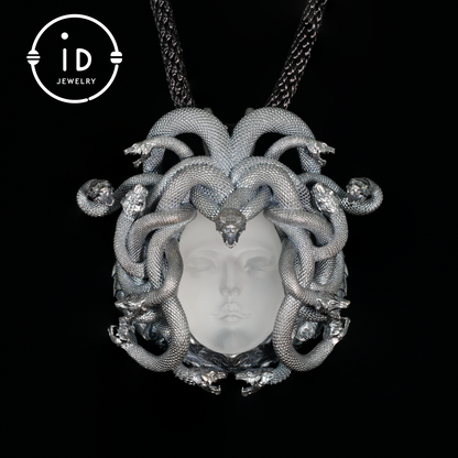 Medusa Pendant | Handmade 925 Silver & White Crystal | Mythical Statement Jewelry