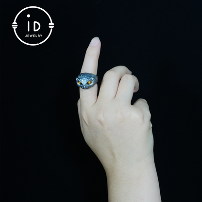 925 silver owl ring with tiger eye, gothic animal jewelry, handcrafted talisman ring, gift for men birthday Christmas