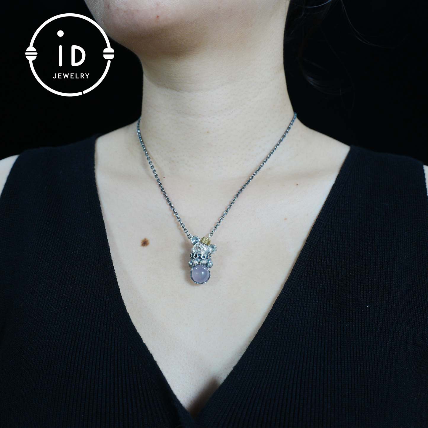 Mouse Pendant with Rose Quartz Cabochon, Handmade Animal Jewelry, Gift for Women Birthday Christmas