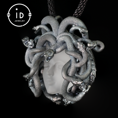 Medusa Pendant | Handmade 925 Silver & White Crystal | Mythical Statement Jewelry