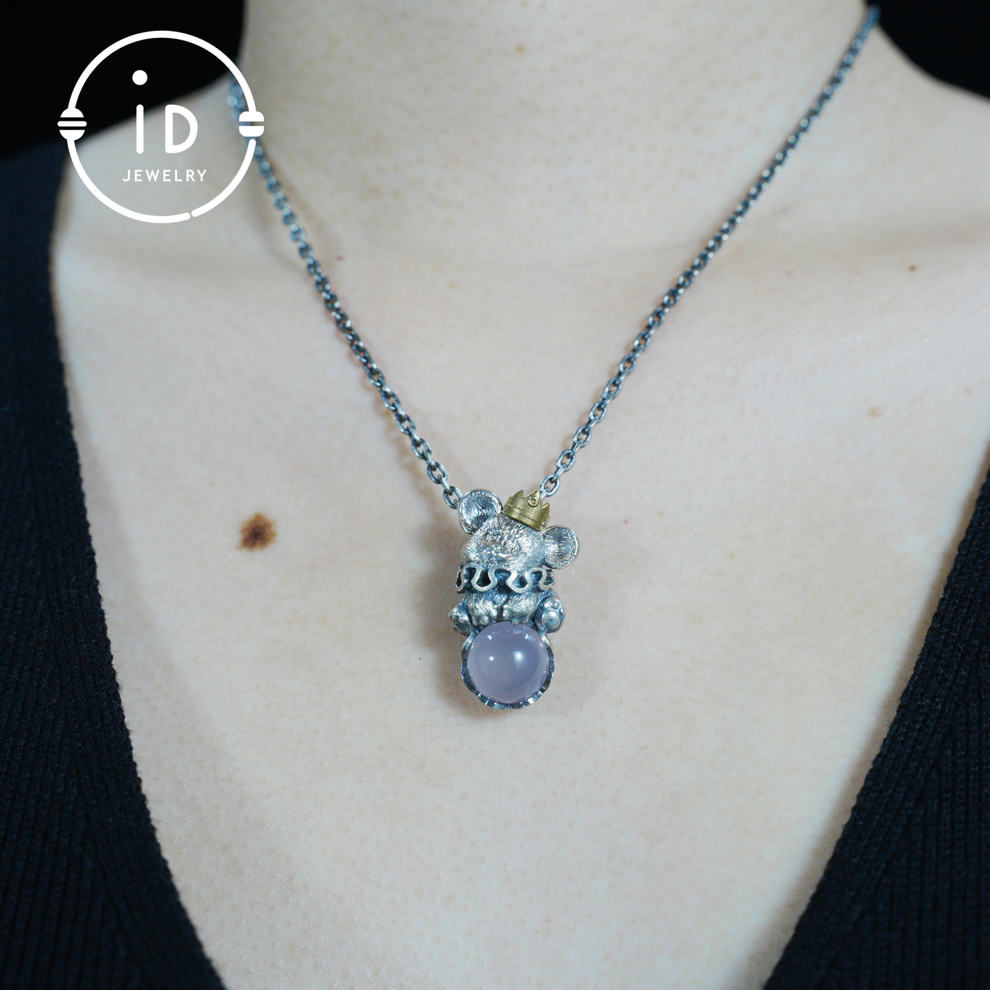 Mouse Pendant with Rose Quartz Cabochon, Handmade Animal Jewelry, Gift for Women Birthday Christmas