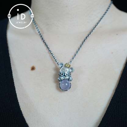 Mouse Pendant with Rose Quartz Cabochon, Handmade Animal Jewelry, Gift for Women Birthday Christmas