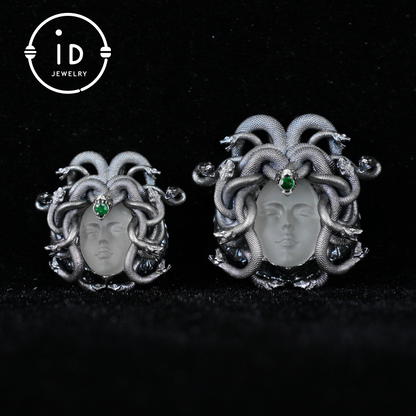 Sleeping Eye Pendant, Silver Medusa Jewelry, Closed-Eye Goddess Amulet with Quartz and Emerald