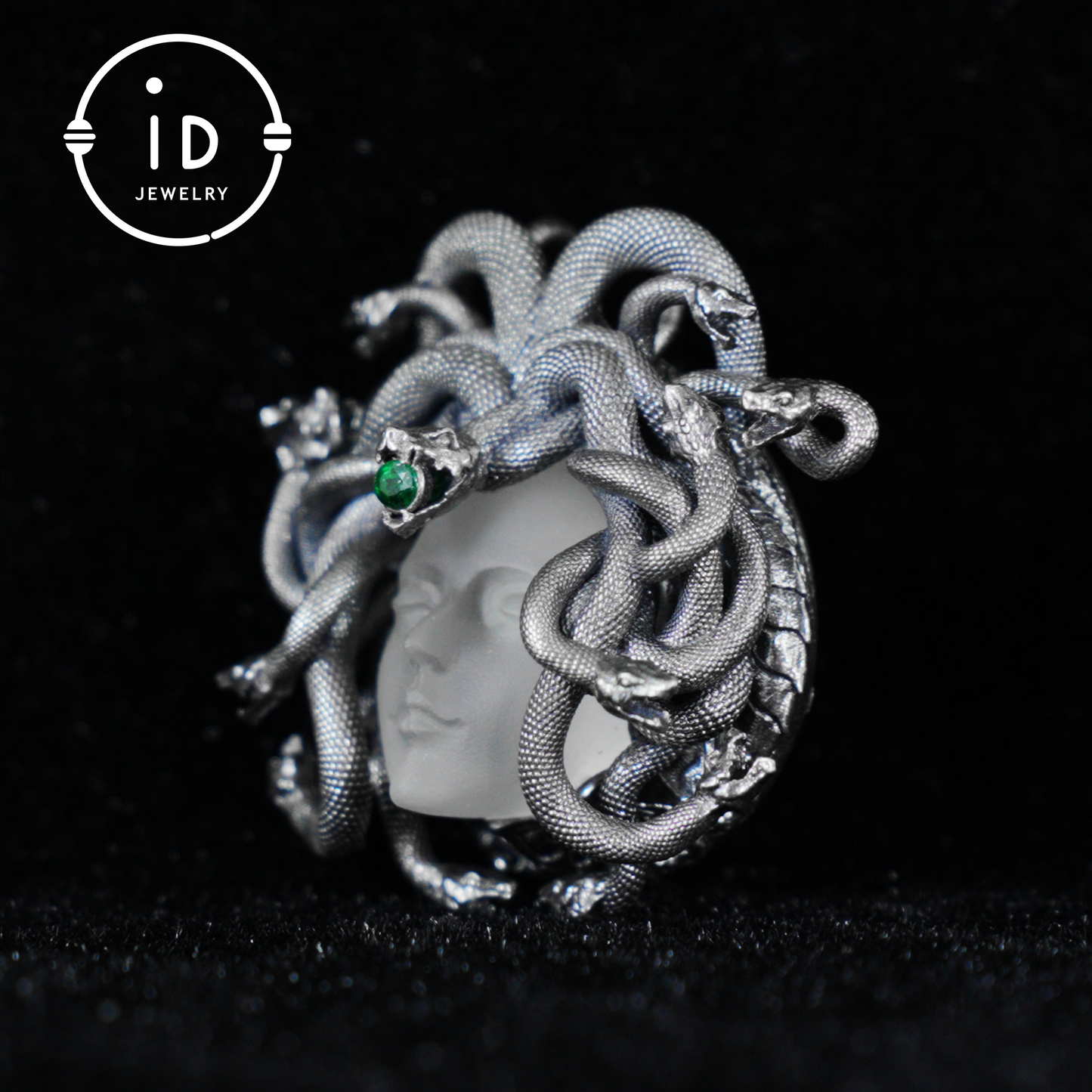 Sleeping Eye Pendant, Silver Medusa Jewelry, Closed-Eye Goddess Amulet with Quartz and Emerald