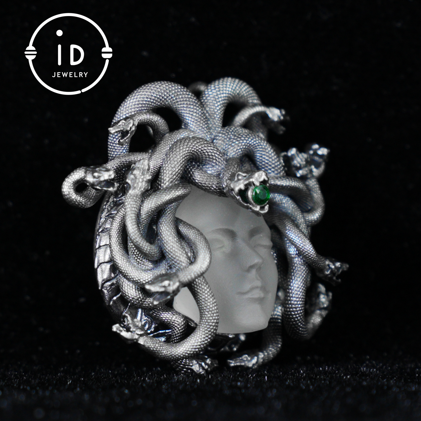 Sleeping Eye Pendant, Silver Medusa Jewelry, Closed-Eye Goddess Amulet with Quartz and Emerald