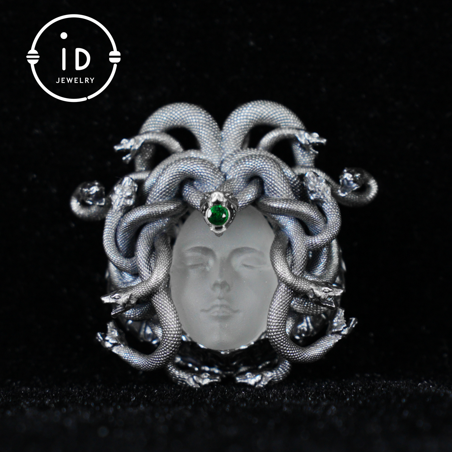 Sleeping Eye Pendant, Silver Medusa Jewelry, Closed-Eye Goddess Amulet with Quartz and Emerald