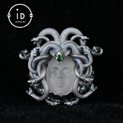 Sleeping Eye Pendant, Silver Medusa Jewelry, Closed-Eye Goddess Amulet with Quartz and Emerald