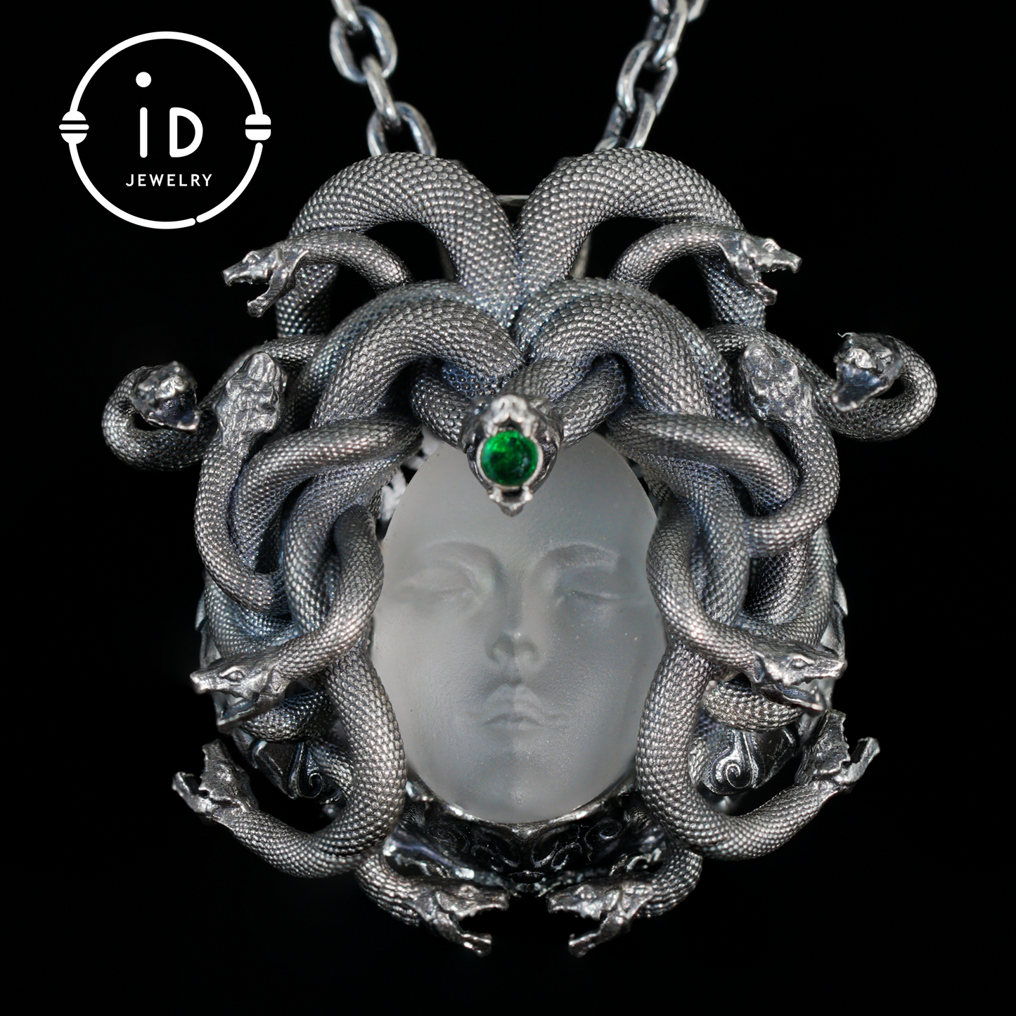 Sleeping Eye Pendant, Silver Medusa Jewelry, Closed-Eye Goddess Amulet with Quartz and Emerald