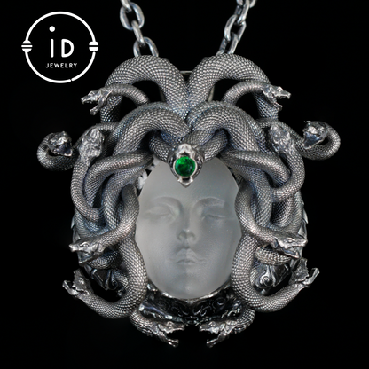 Sleeping Eye Pendant, Silver Medusa Jewelry, Closed-Eye Goddess Amulet with Quartz and Emerald