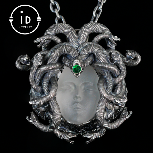 Sleeping Eye Pendant, Silver Medusa Jewelry, Closed-Eye Goddess Amulet with Quartz and Emerald