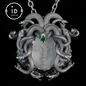 Sleeping Eye Pendant, Silver Medusa Jewelry, Closed-Eye Goddess Amulet with Quartz and Emerald