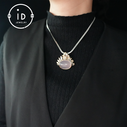 Chinese Pavilion Brooch| Natural Rose Quartz Jewelry| Gold-Plated Pendant| Handmade Architecture Brooch| Unique Gift for Women