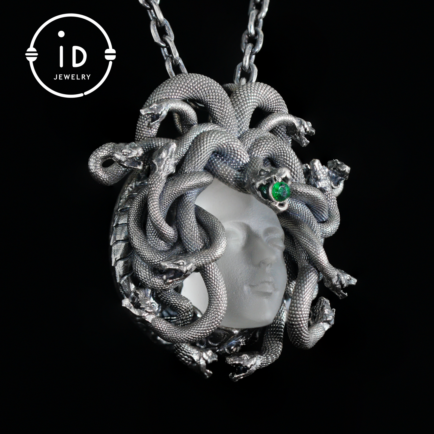 Sleeping Eye Pendant, Silver Medusa Jewelry, Closed-Eye Goddess Amulet with Quartz and Emerald