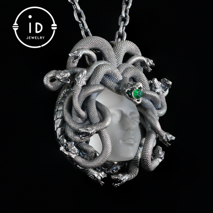 Sleeping Eye Pendant, Silver Medusa Jewelry, Closed-Eye Goddess Amulet with Quartz and Emerald