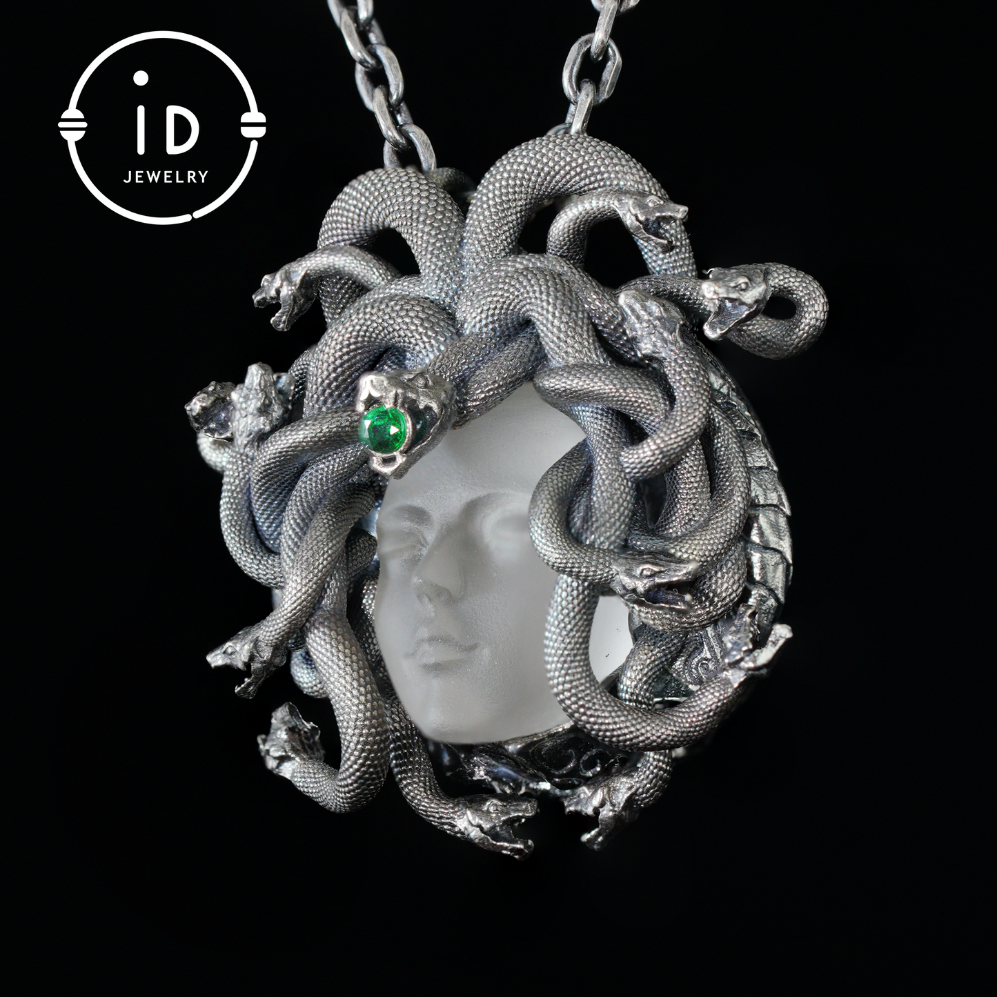 Sleeping Eye Pendant, Silver Medusa Jewelry, Closed-Eye Goddess Amulet with Quartz and Emerald