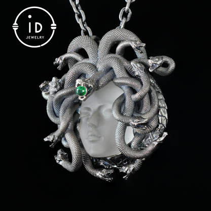 Sleeping Eye Pendant, Silver Medusa Jewelry, Closed-Eye Goddess Amulet with Quartz and Emerald
