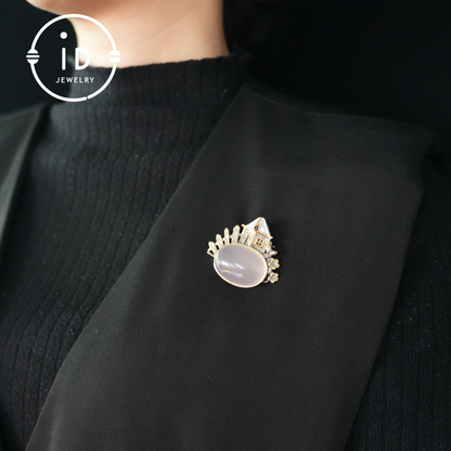 Chinese Pavilion Brooch| Natural Rose Quartz Jewelry| Gold-Plated Pendant| Handmade Architecture Brooch| Unique Gift for Women