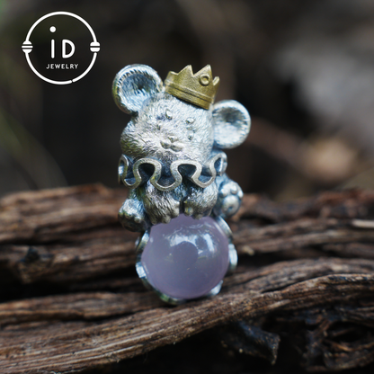 Mouse Pendant with Rose Quartz Cabochon, Handmade Animal Jewelry, Gift for Women Birthday Christmas