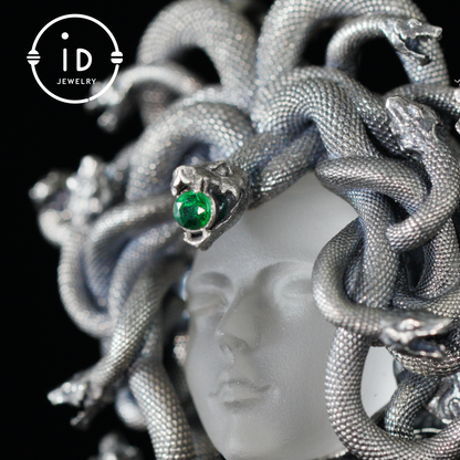 Sleeping Eye Pendant, Silver Medusa Jewelry, Closed-Eye Goddess Amulet with Quartz and Emerald
