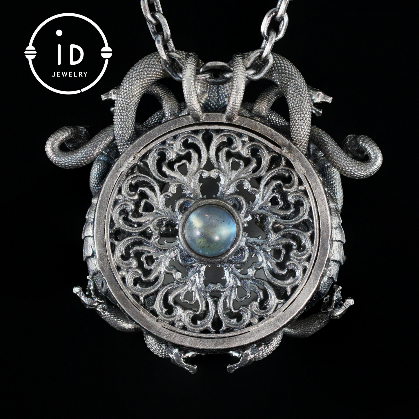 Sleeping Eye Pendant, Silver Medusa Jewelry, Closed-Eye Goddess Amulet with Quartz and Emerald
