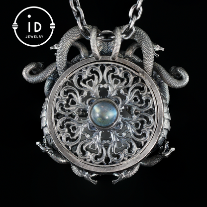 Sleeping Eye Pendant, Silver Medusa Jewelry, Closed-Eye Goddess Amulet with Quartz and Emerald