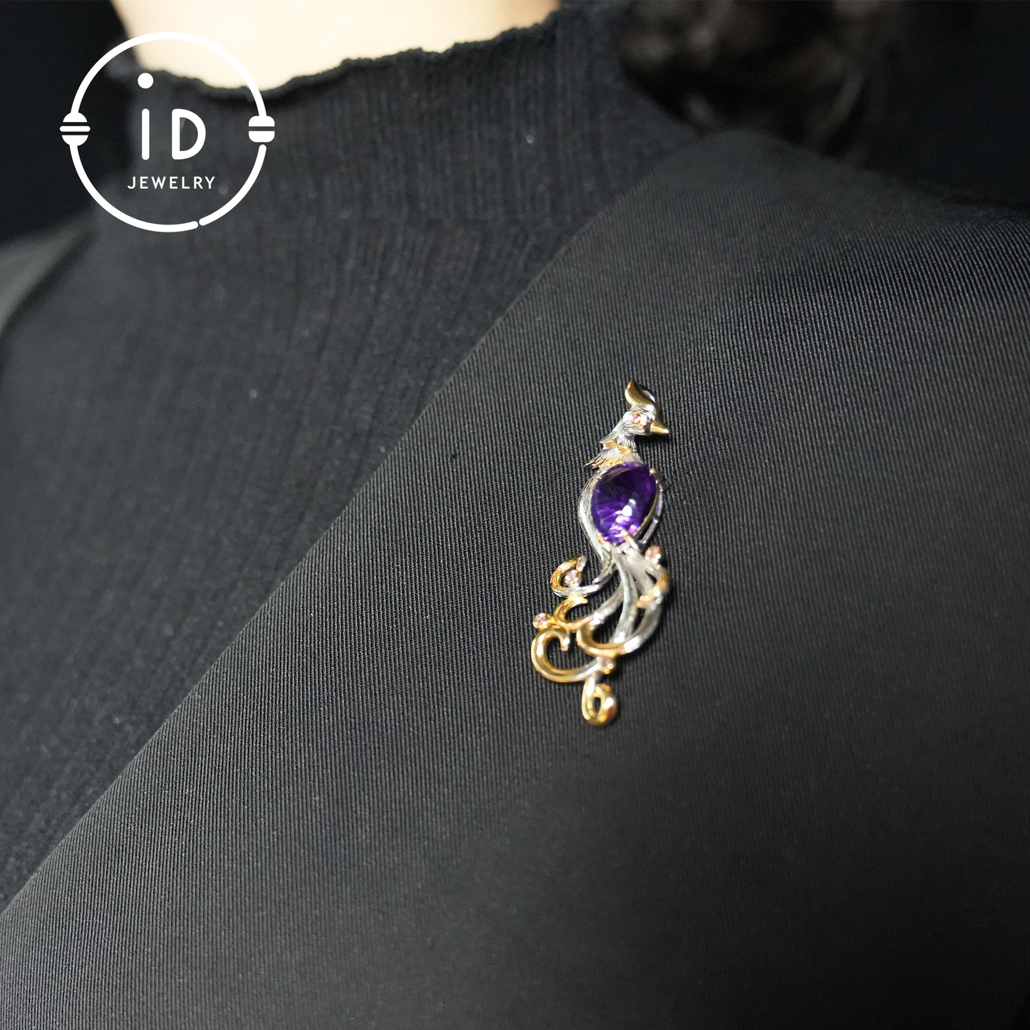Phoenix Amethyst Brooch| Vintage Gemstone Jewelry| Handmade Gold-Plated Pendant| Mystical Bird Brooch| Elegant Gift for Women