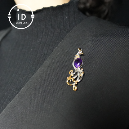Phoenix Amethyst Brooch| Vintage Gemstone Jewelry| Handmade Gold-Plated Pendant| Mystical Bird Brooch| Elegant Gift for Women