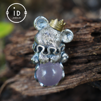 Mouse Pendant with Rose Quartz Cabochon, Handmade Animal Jewelry, Gift for Women Birthday Christmas