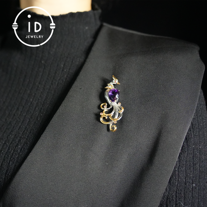 Phoenix Amethyst Brooch| Vintage Gemstone Jewelry| Handmade Gold-Plated Pendant| Mystical Bird Brooch| Elegant Gift for Women
