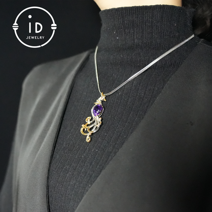 Phoenix Amethyst Brooch| Vintage Gemstone Jewelry| Handmade Gold-Plated Pendant| Mystical Bird Brooch| Elegant Gift for Women