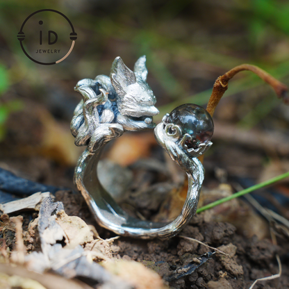 925 Silver Fox Ring, Handmade Animal Jewelry Gothic Vintage Style, Crystal Gift for Women Birthday Christmas