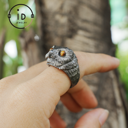 925 silver owl ring with tiger eye, gothic animal jewelry, handcrafted talisman ring, gift for men birthday Christmas