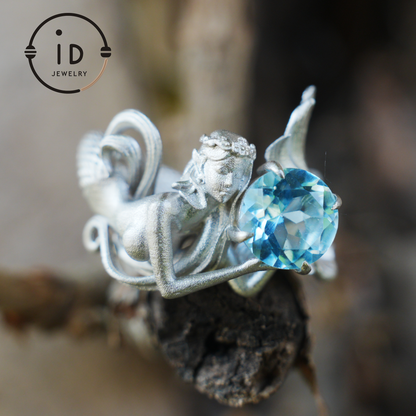 925 Silver Ring with Blue Topaz, Handmade Mermaid Jewelry in Gothic Vintage Style, Gift for Women Birthday Christmas