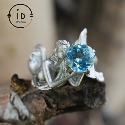 925 Silver Ring with Blue Topaz, Handmade Mermaid Jewelry in Gothic Vintage Style, Gift for Women Birthday Christmas