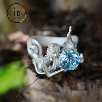 925 Silver Ring with Blue Topaz, Handmade Mermaid Jewelry in Gothic Vintage Style, Gift for Women Birthday Christmas