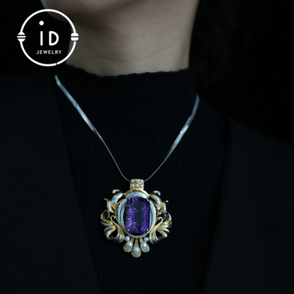 Antique Amethyst Pendant| Baroque Jewelry| Vintage Necklace| Handmade Silver Gold-Plated| Luxury Gemstone Pendant| Women’s Gift| Art Deco
