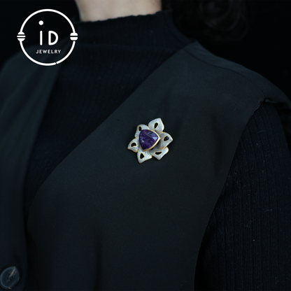 Floral Amethyst Brooch| Vintage Gemstone Jewelry| Handmade Gold-Plated Pendant| Artistic Brooch| Elegant Gift for Women