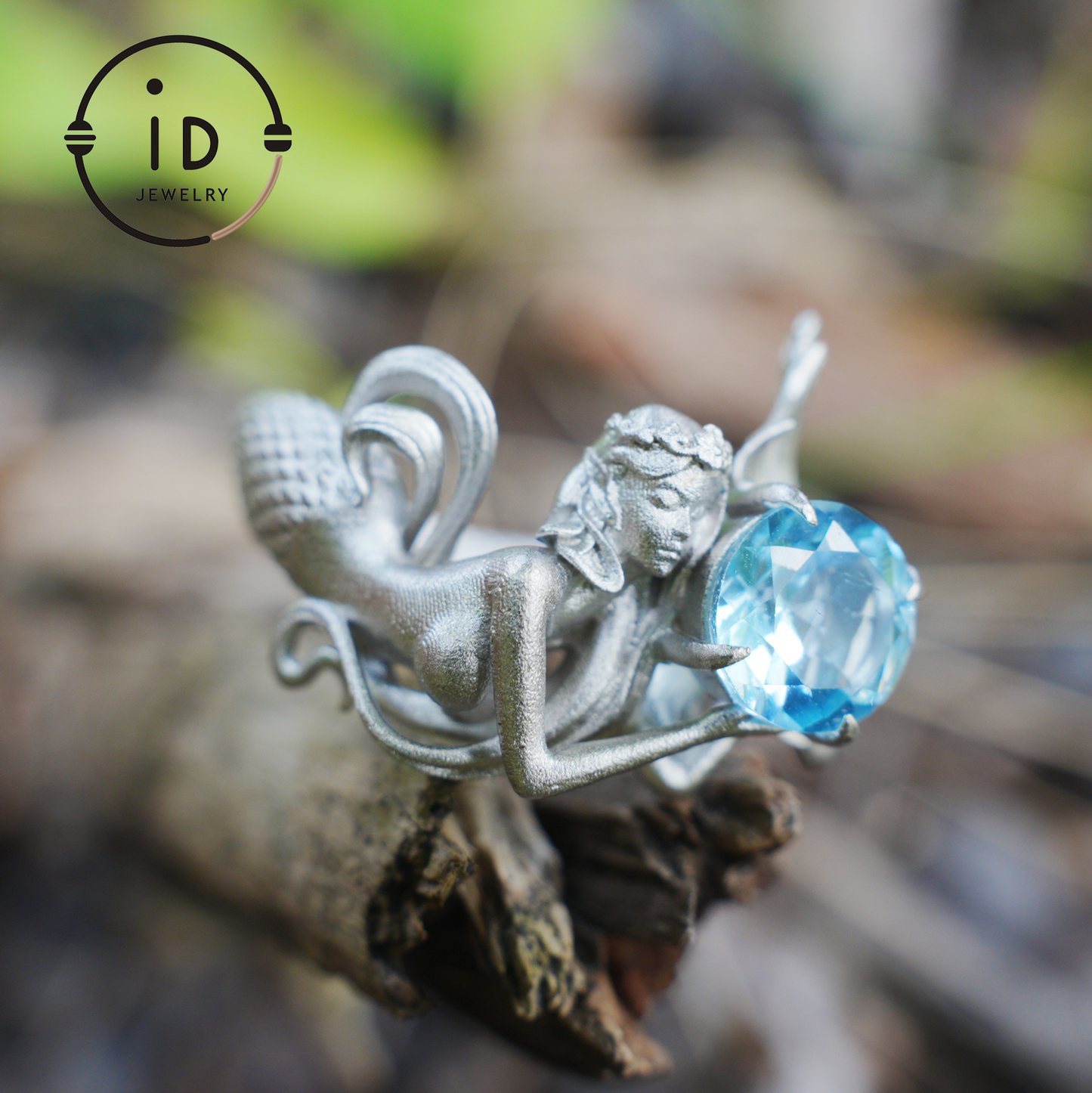 925 Silver Ring with Blue Topaz, Handmade Mermaid Jewelry in Gothic Vintage Style, Gift for Women Birthday Christmas