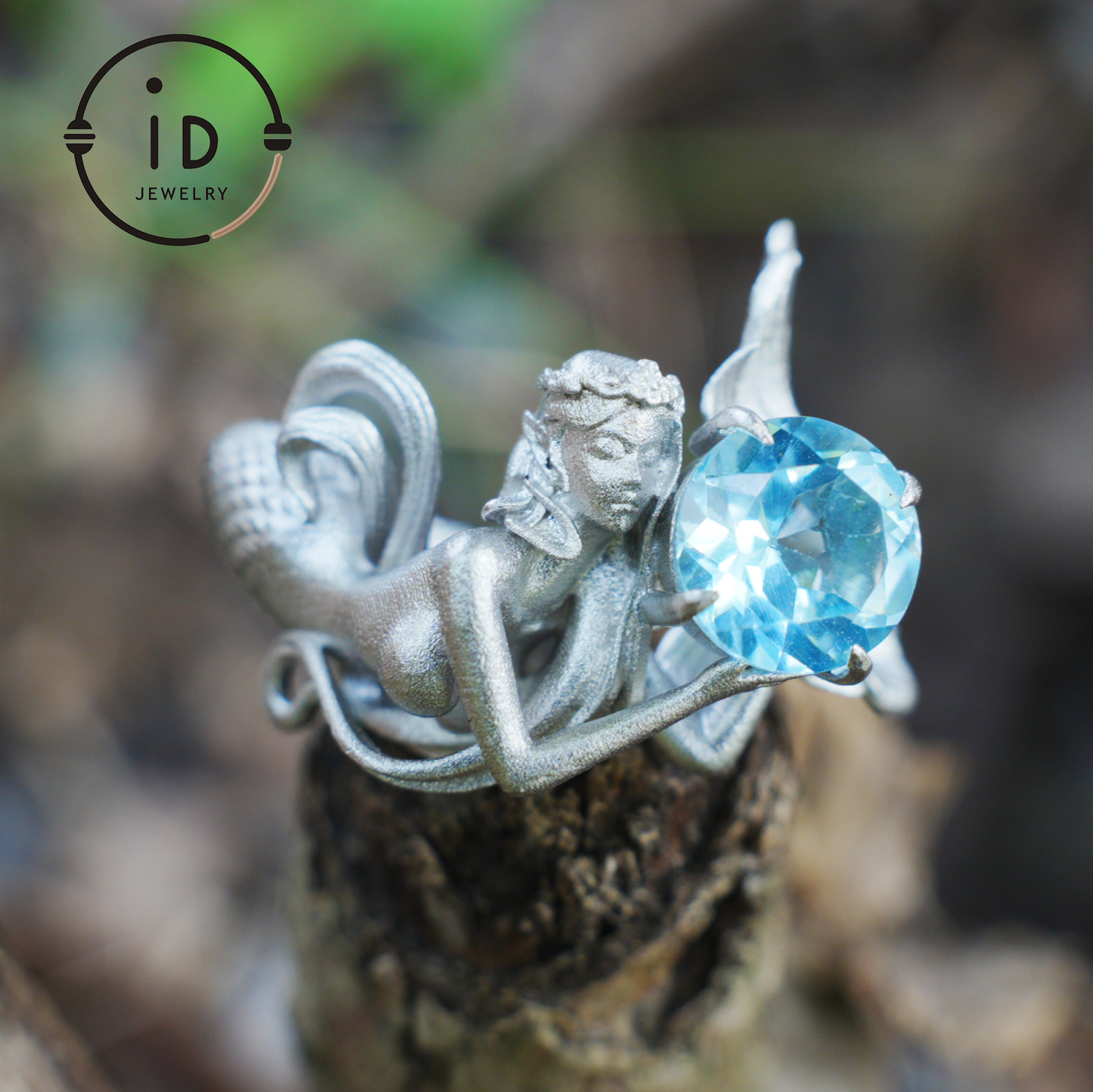 925 Silver Ring with Blue Topaz, Handmade Mermaid Jewelry in Gothic Vintage Style, Gift for Women Birthday Christmas