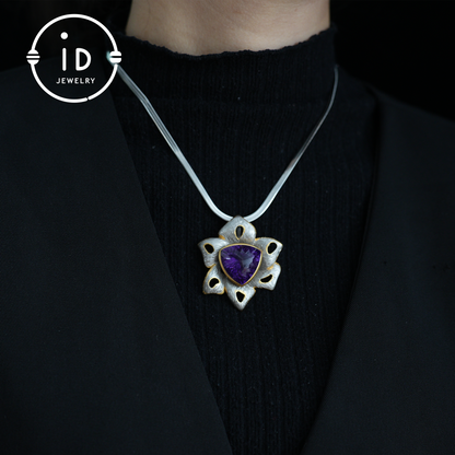 Floral Amethyst Brooch| Vintage Gemstone Jewelry| Handmade Gold-Plated Pendant| Artistic Brooch| Elegant Gift for Women