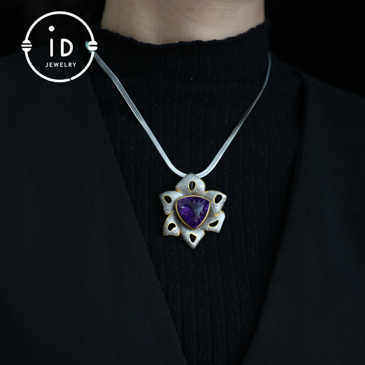 Floral Amethyst Brooch| Vintage Gemstone Jewelry| Handmade Gold-Plated Pendant| Artistic Brooch| Elegant Gift for Women