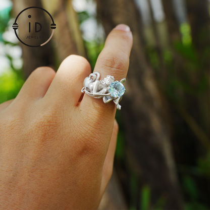 925 Silver Ring with Blue Topaz, Handmade Mermaid Jewelry in Gothic Vintage Style, Gift for Women Birthday Christmas