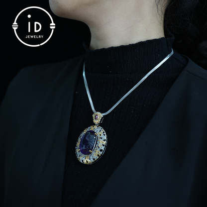 Antique Amethyst Pendant| Silver Gold Baroque Style| Handmade Gemstone Jewelry| Vintage Design| Women’s Gift