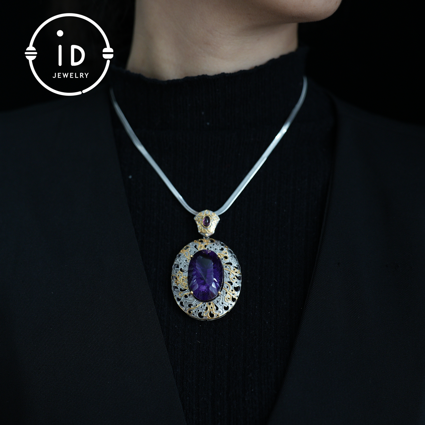 Antique Amethyst Pendant| Silver Gold Baroque Style| Handmade Gemstone Jewelry| Vintage Design| Women’s Gift